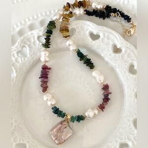 N14-Handmade Tourmaline And Freshwater Pearl Necklace With Detachable Pendant